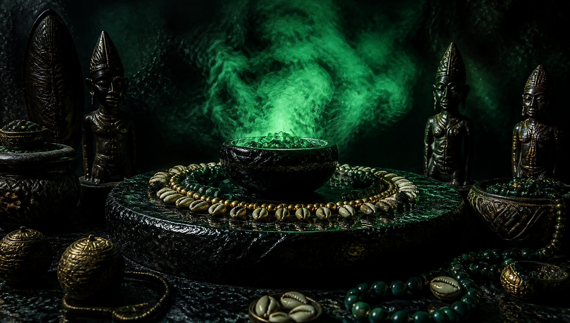 Traditional spiritual altar with cowrie shells, gold beads and emerald smoke